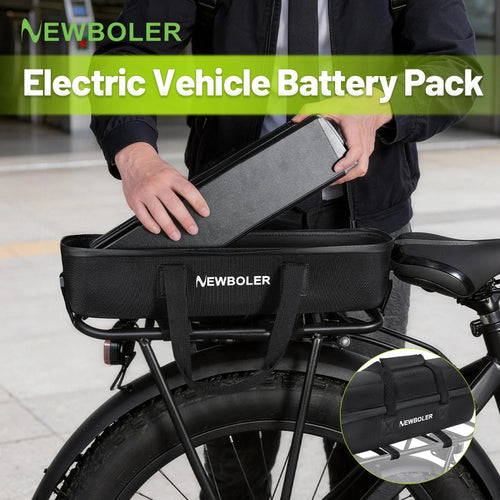 A person is shown handling a large black NEWBOLER electric vehicle battery pack mounted on the rear rack of a bicycle. The image includes a green text banner at the top reading 'NEWBOLER Electric Vehicle Battery Pack' and a circular inset showing a close-up of the battery pack.