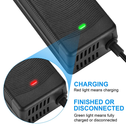Black rectangular power adapter or charger with a cable plugged in, shown on a white background with a circular close-up inset and blue text explaining light indicators for charging and disconnected status.