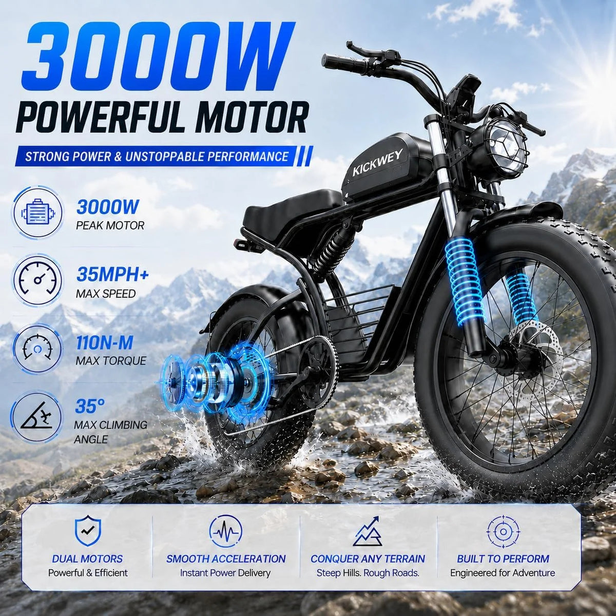 Black Kickwey electric dirt bike with blue suspension and knobby tires, shown on a snowy mountain trail with text overlays highlighting 3000W motor power, 35MPH+ speed, 110N-M torque, and 35° climbing angle.