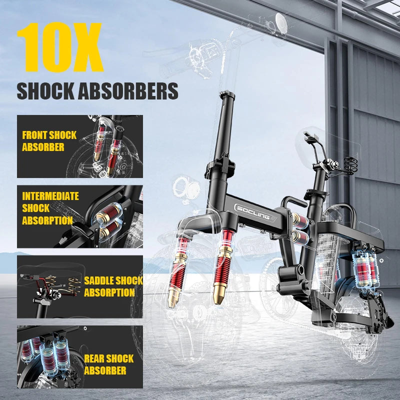 A bicycle shock absorber kit shown on a bicycle frame in a studio-style setting, with large text reading '10X SHOCK ABSORBERS' and four inset panels labeled front, intermediate, saddle, and rear shock absorbers.