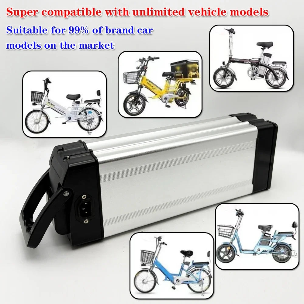 A silver and black rectangular electric bicycle battery pack with a handle on the left, shown on a light gray background with inset photos of various electric bicycles and promotional text.