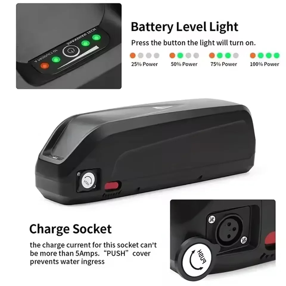 Black portable power station with a battery level light indicator and charging socket, shown with explanatory text and close-up inset views on a white background.