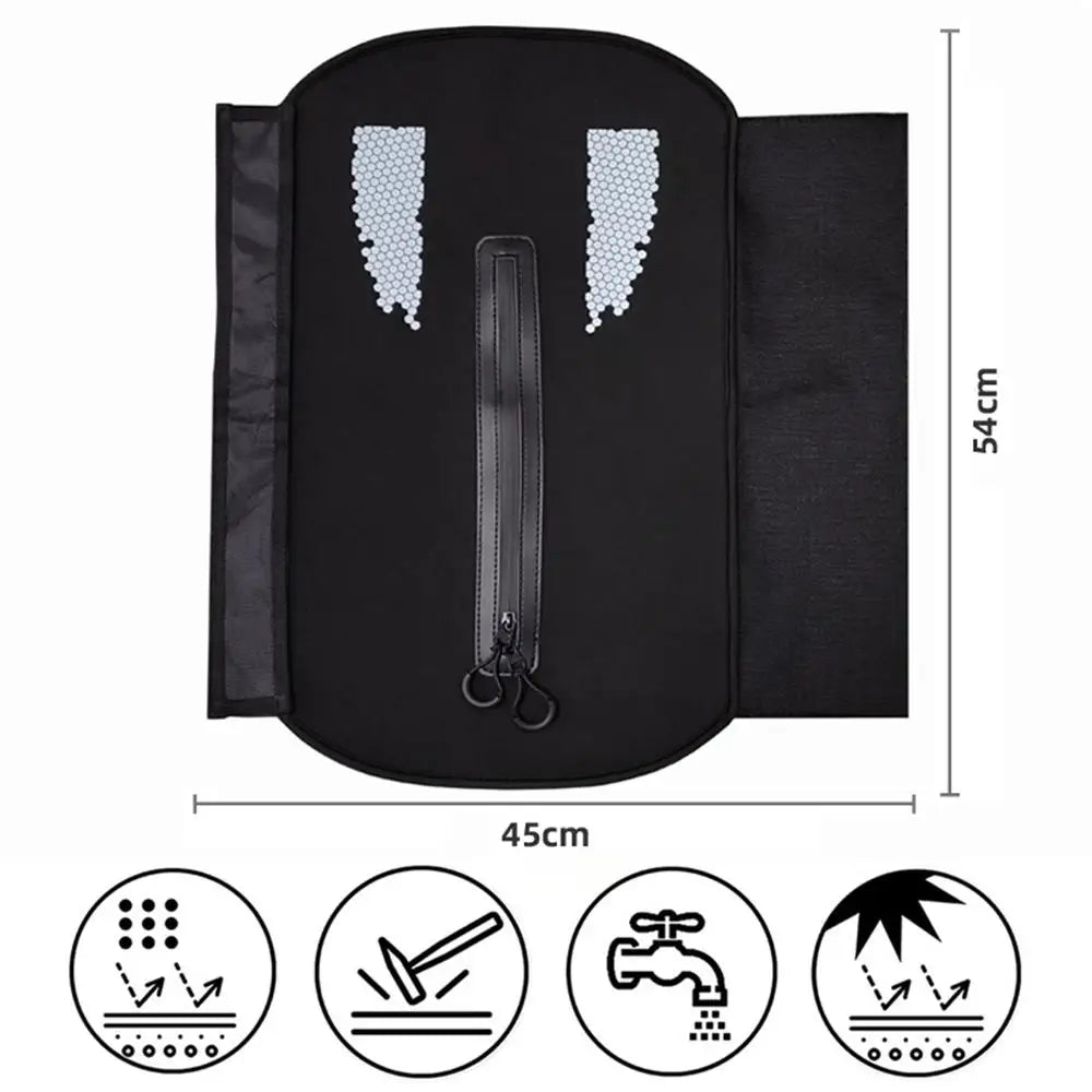 Black bag with dimensions and care instructions on a white background