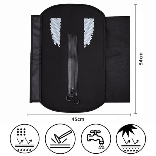 Black bag with dimensions and care instructions on a white background