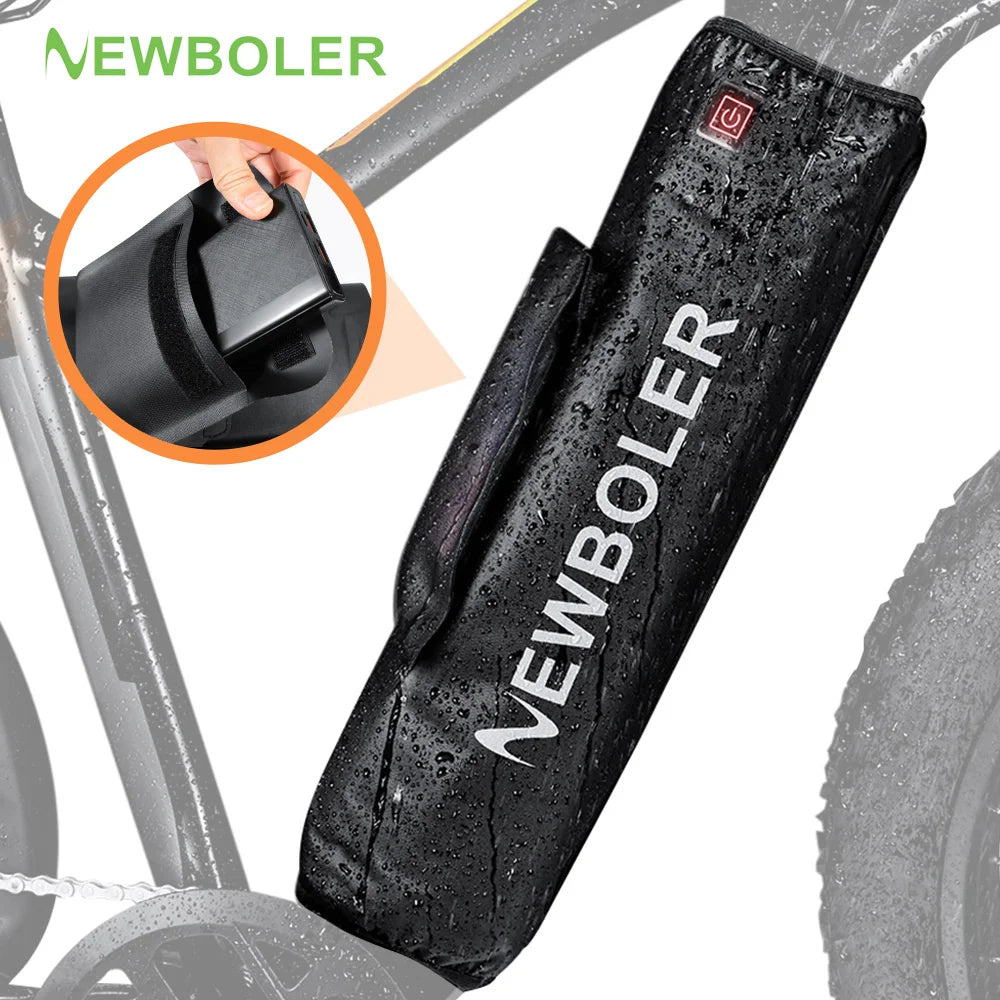 A black Newboler bicycle frame protector sleeve with a built-in battery and water-resistant coating, shown on a bicycle frame with a circular inset demonstrating the battery connection.