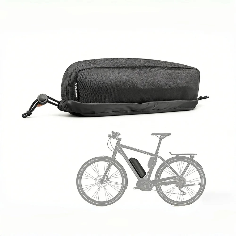 A black rectangular bicycle battery case with a drawstring closure and a small visible HECETO brand tag, shown above a faded gray bicycle illustration on a white background.