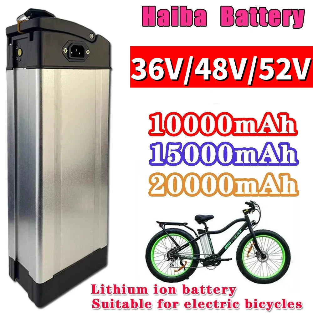 A 36V/48V/52V lithium-ion electric bicycle battery shown on a white background with text indicating capacities from 10000mAh to 20000mAh and a small bicycle graphic. Brand text 'Haiba Battery' is visible at the top.
