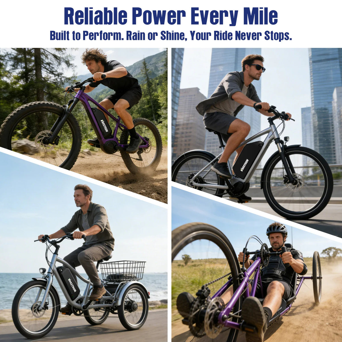 A four-panel promotional collage showing a person riding an electric tricycle in different settings: mountain trail, city street, beach, and dirt road. Large blue text at the top reads, 'Reliable Power Every Mile' with smaller supporting copy about built performance and continuous riding.