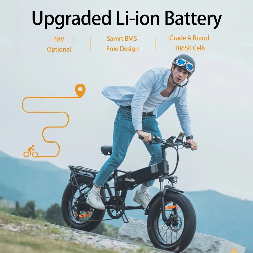 A man riding an electric fat-tire bicycle outdoors on a rocky path with mountains in the background. Text at the top reads 'Upgraded Li-ion Battery' with feature callouts including 48V optional, Samrt BMS free design, and Grade A Brand 18650 cells.