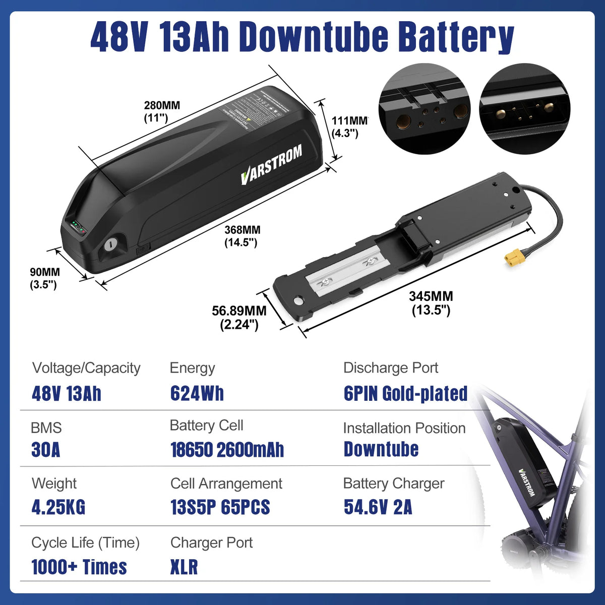A product infographic for a Varstrom 48V 13Ah downtube battery, showing the battery from multiple angles with dimensions, close-up connector details, technical specifications in a table, and a small installed example on a bicycle.