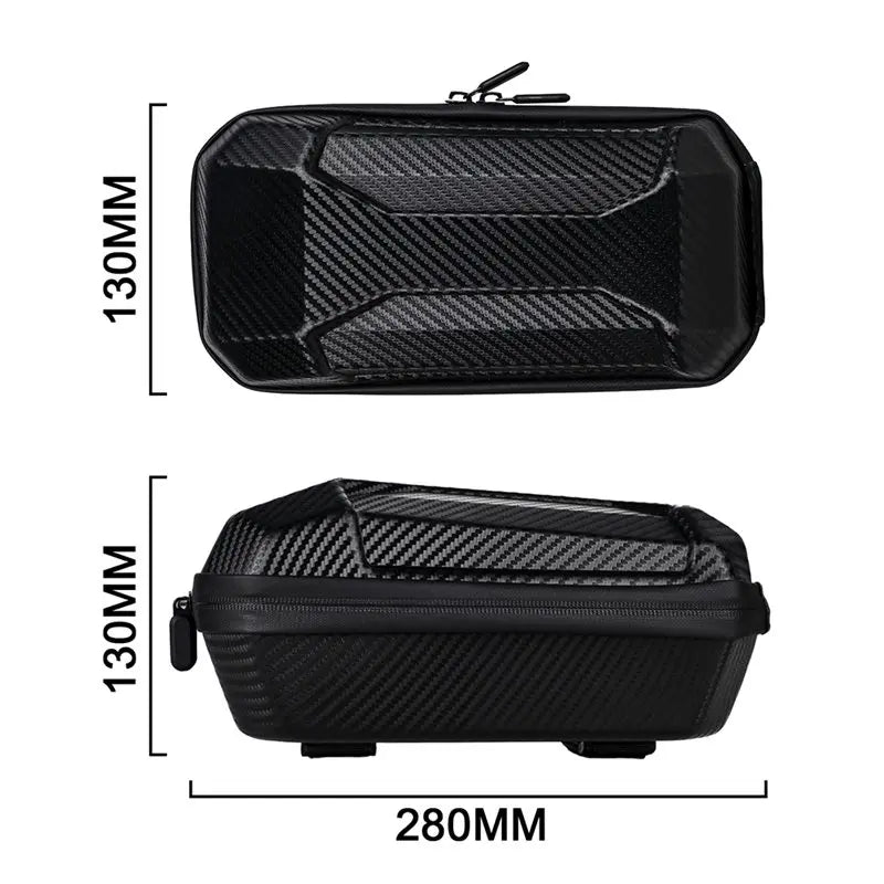 Black carbon-fiber-pattern hard case shown from top and side views with dimension labels 130MM height and 280MM width on a white background.