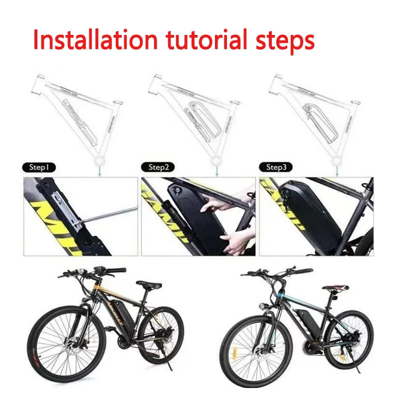 An installation tutorial diagram showing three steps for mounting an electric bicycle battery, with line drawings of the frame area, close-up photos of hand placement and tool use, and two assembled electric mountain bikes at the bottom on a white background.