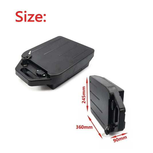 Black plastic rectangular accessory shown from two angles on a white background, with red dimension arrows and text reading 245mm, 360mm, and 90mm, plus the word Size: at top left.