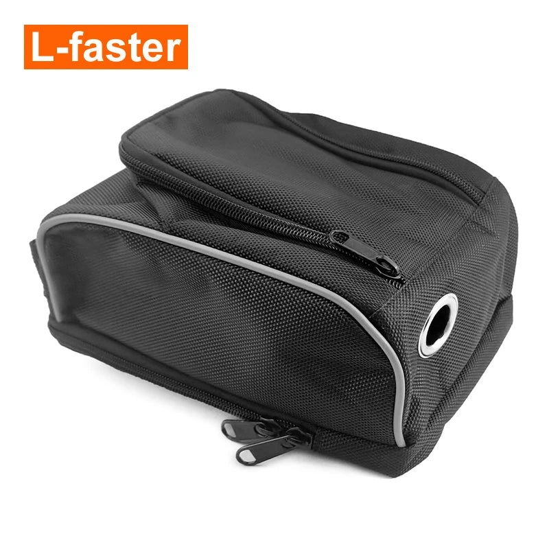 A black bicycle fuel bag with a textured fabric body, zippered compartments, and a circular vent hole, shown on a white background with an 'L-faster' logo in the top-left corner.