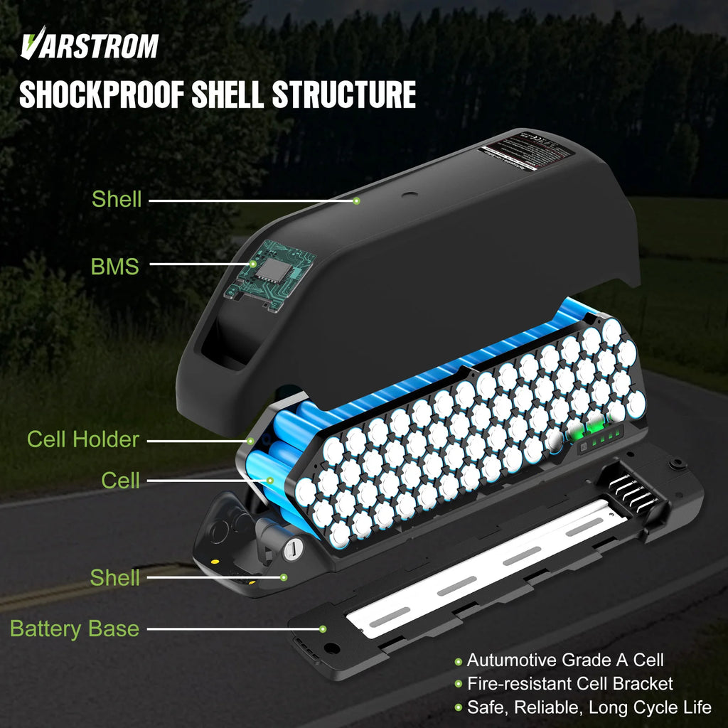 Diagram of Varstrom battery pack with labeled components on a dark background