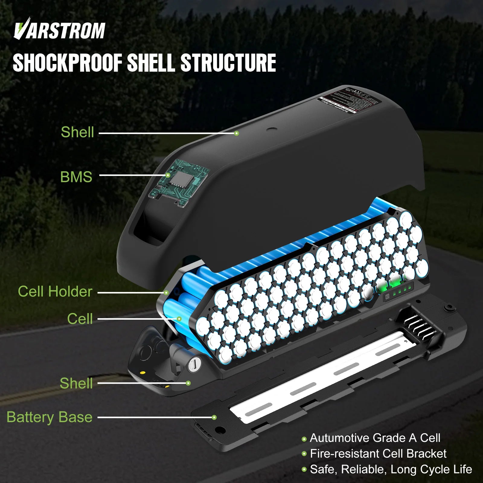 Diagram of Varstrom battery pack with labeled components on a dark background
