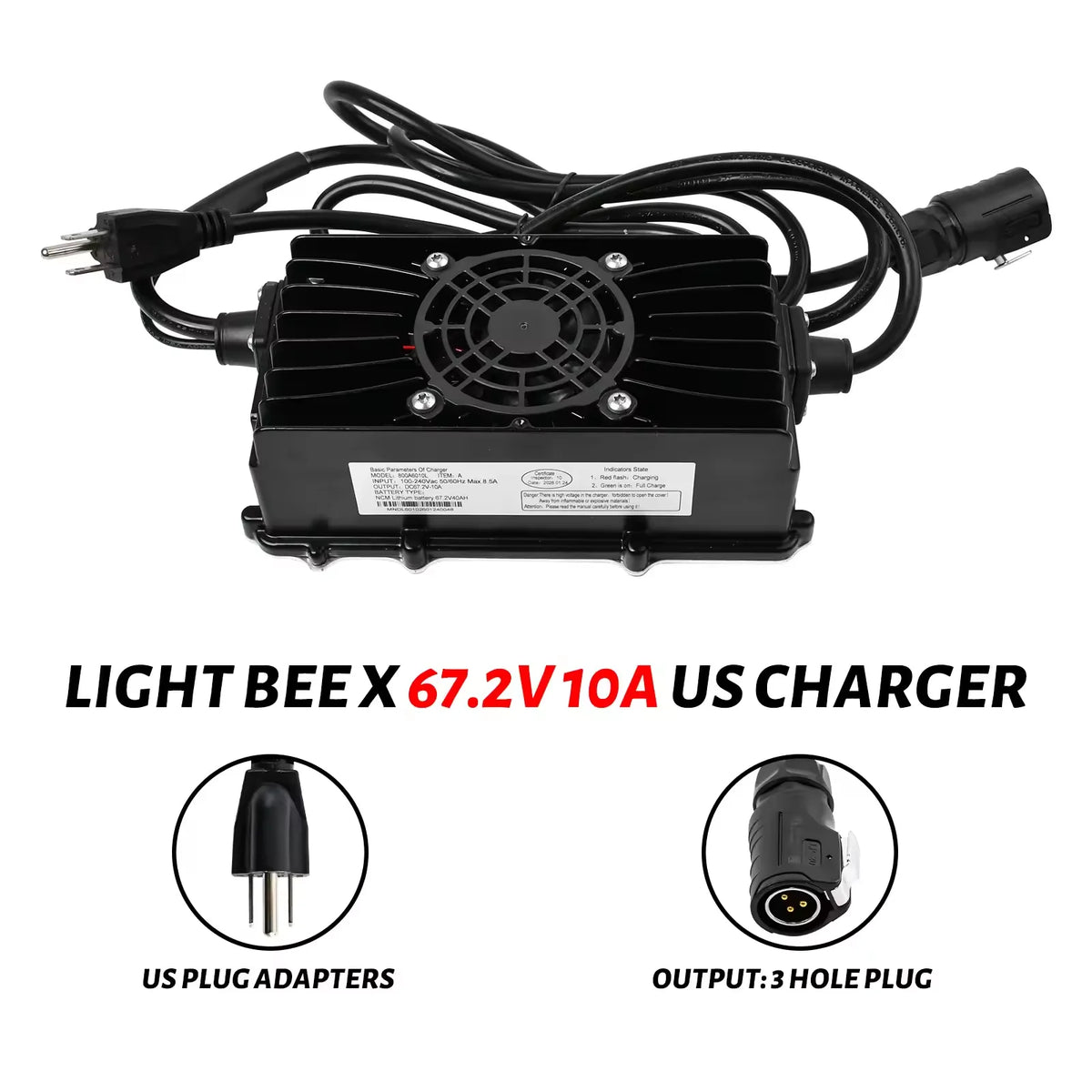 A black 67.2V 10A Light Bee X US charger power adapter with a cooling fan, shown on a white background with text and inset diagrams of its plug adapters and 3-hole output plug.