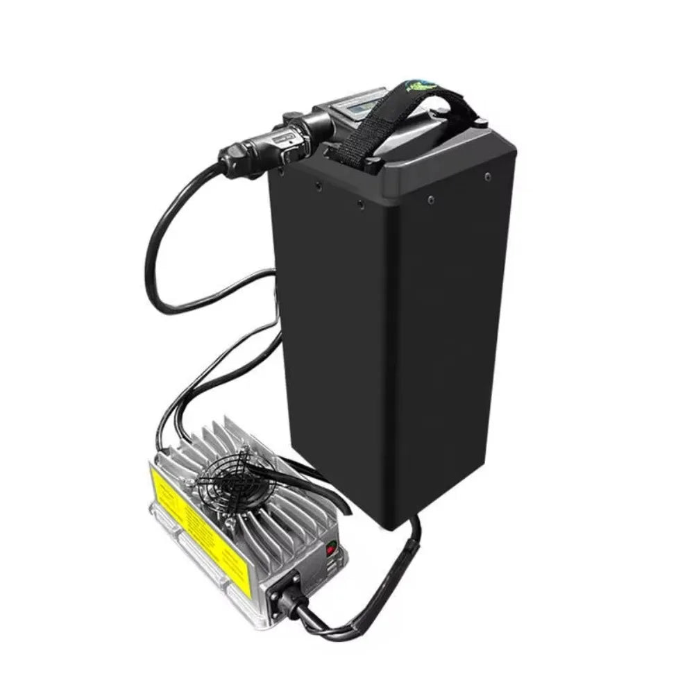 A black rectangular battery pack with a top handle and attached black cables, shown alongside a silver metal heat sink controller with a yellow label on a plain white background.