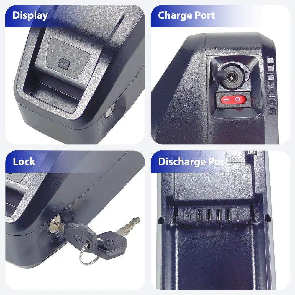 Four-panel product feature collage showing close-ups of a black electronic device: display screen, charge port with red switch, lock with keys, and discharge port.