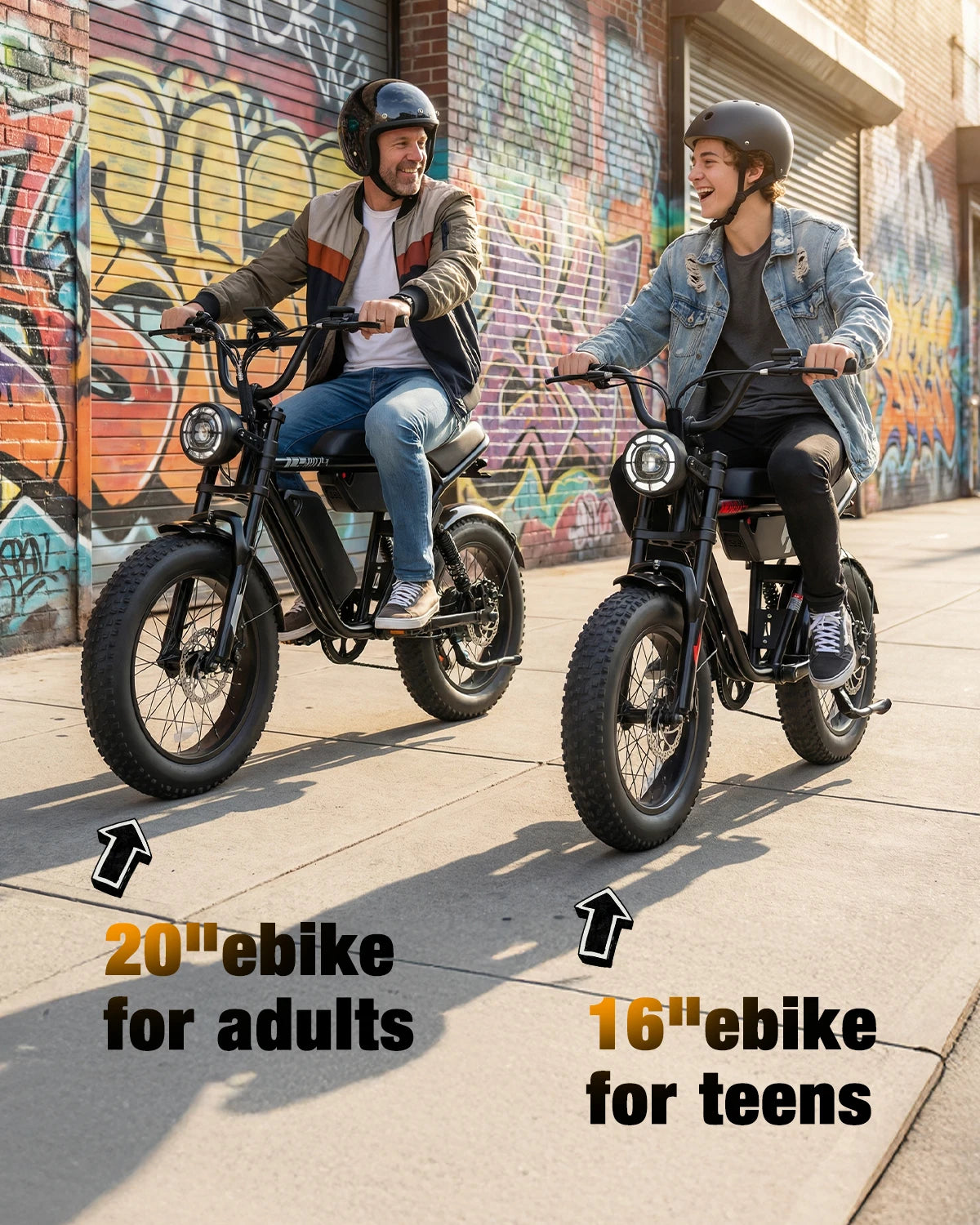 Two people riding electric bikes on a sidewalk with graffiti in the background