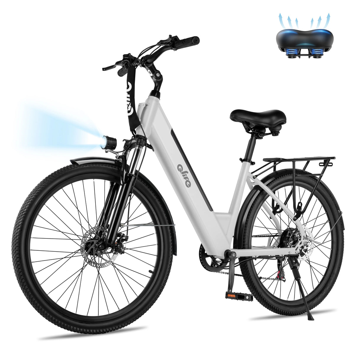 A white and black electric bicycle with a rear cargo rack, shown on a clean white background. A small inset at the top right shows a blue-lit saddle, and light blue graphic effects indicate propulsion or lighting features.
