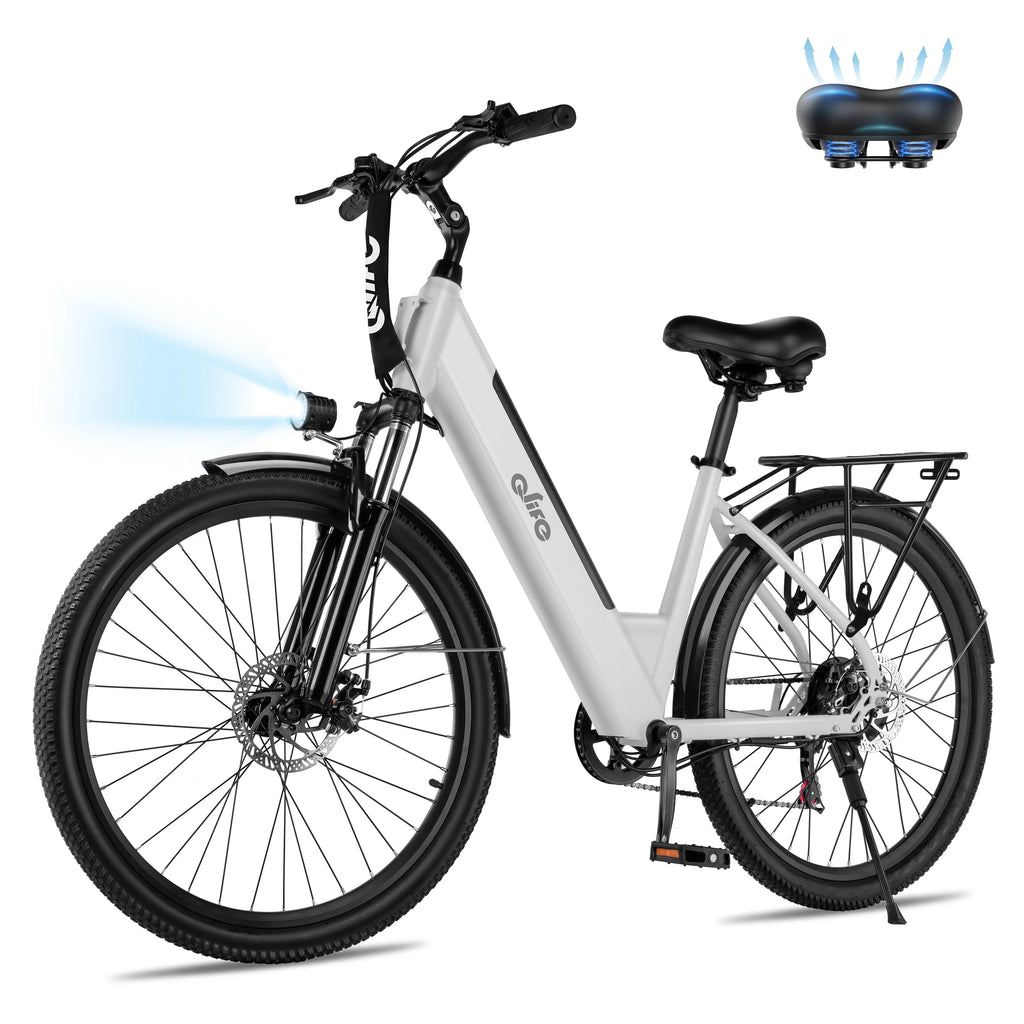 A white and black electric bicycle with a rear cargo rack, shown on a clean white background. A small inset at the top right shows a blue-lit saddle, and light blue graphic effects indicate propulsion or lighting features.