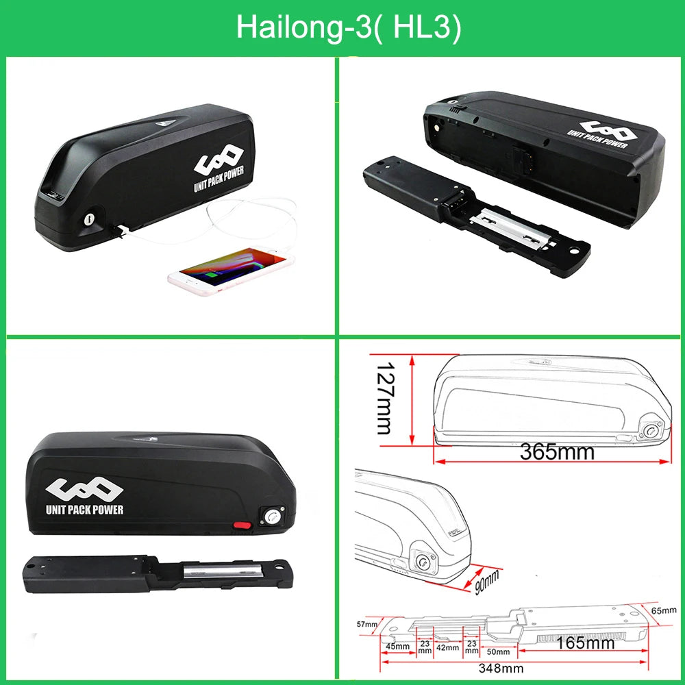 Unit Pack Power Hailong-3 (HL3) battery pack with dimensions and features displayed.
