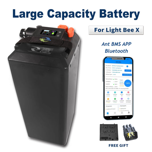 Large capacity battery for Light Bee X with smartphone app display and free gift offer.