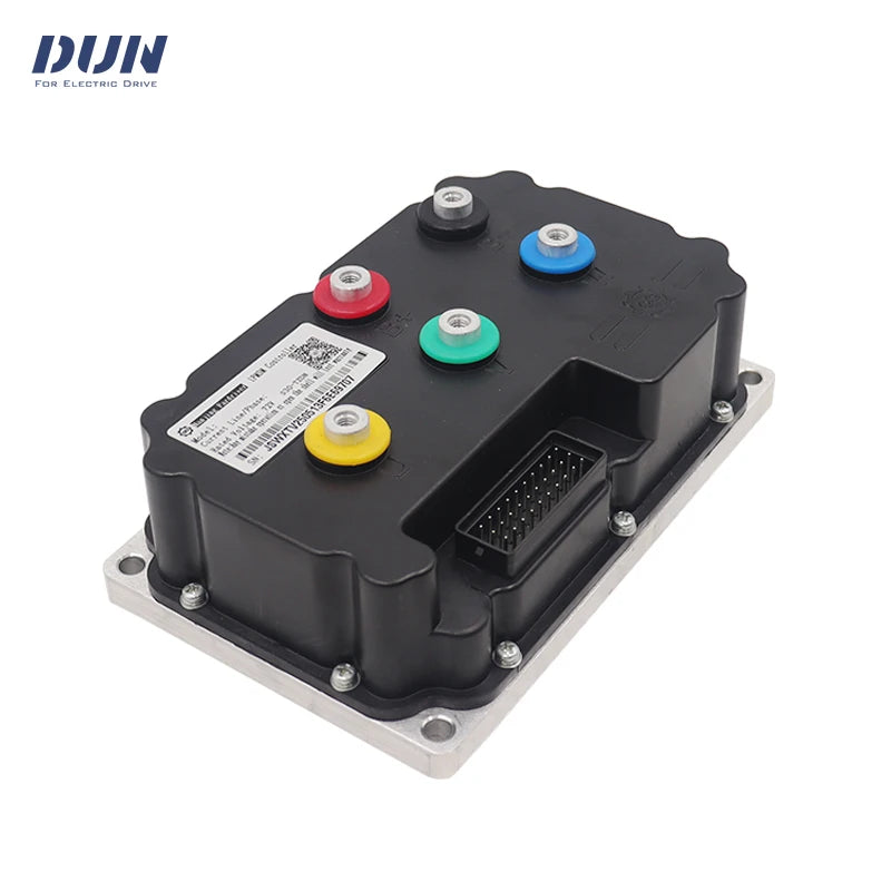 A black DUN electronic drive module with a silver metal base plate and five colored terminal caps (red, yellow, green, blue, and silver) on top, shown on a white background with the DUN logo in the top-left corner.