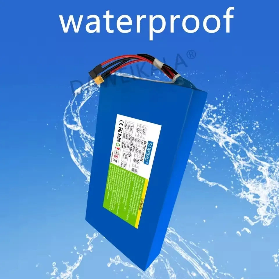 A blue waterproof battery pack with attached red and black cables, shown floating against a blue background with water splash graphics and the word 'waterproof' at the top.