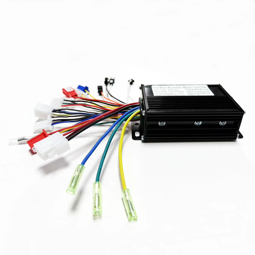 A black rectangular electronic control box with multiple colored wires and connectors, photographed on a clean white background.