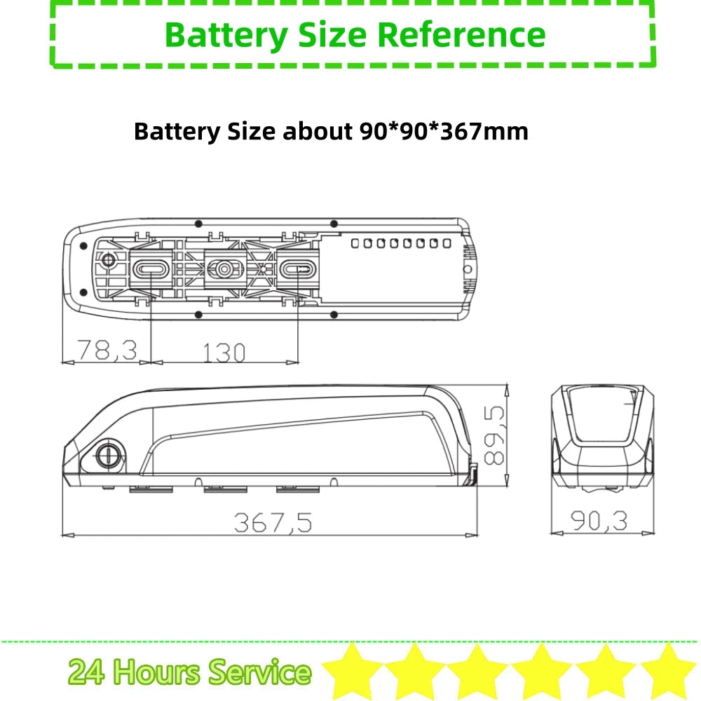 Technical diagram of a battery with dimensions and reference label on a white background