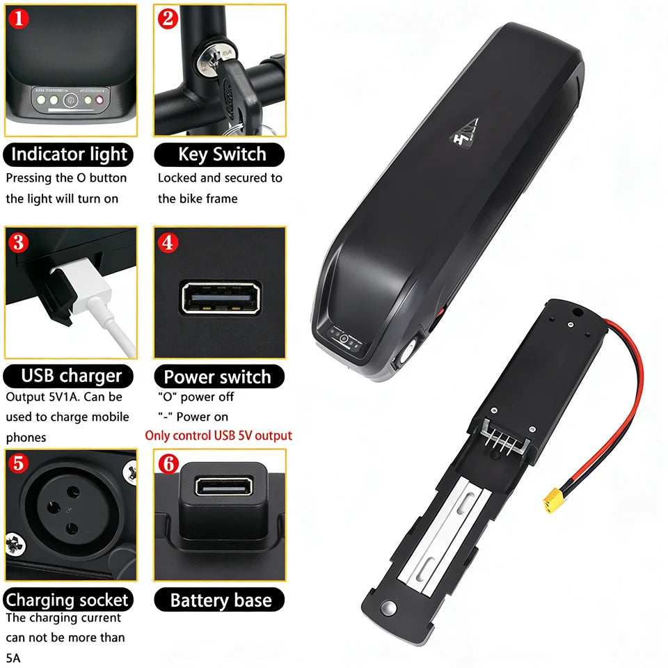 Black bicycle battery with integrated indicator light, key switch, USB charger, charging socket, power switch, and battery base, shown with six labeled inset detail photos on a white background.