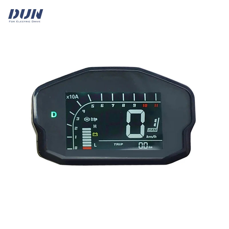 A digital motorcycle or scooter instrument cluster display screen with a black bezel, featuring a tachometer, fuel level, battery percentage, and speed readout. The brand logo 'DUN' is visible in the top left corner.