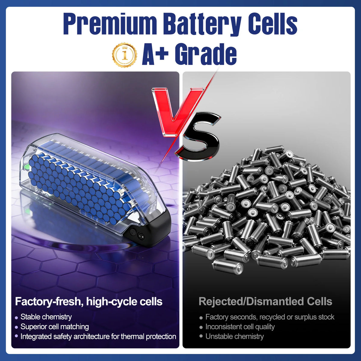 Promotional comparison graphic for premium A+ grade battery cells. Left side shows a single blue-and-black battery cell on a purple gradient background with text about factory-fresh high-cycle cells.