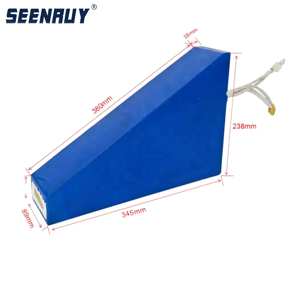 Blue rectangular battery pack with white cables and red dimension lines showing measurements of 345mm, 238mm, 11mm, and 89mm on a white background. The brand name 'SEENAYU' is visible in the top left corner.