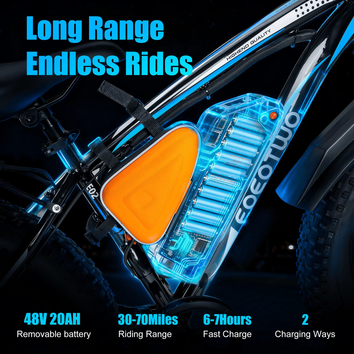 Bicycle battery pack with specifications on a dark background