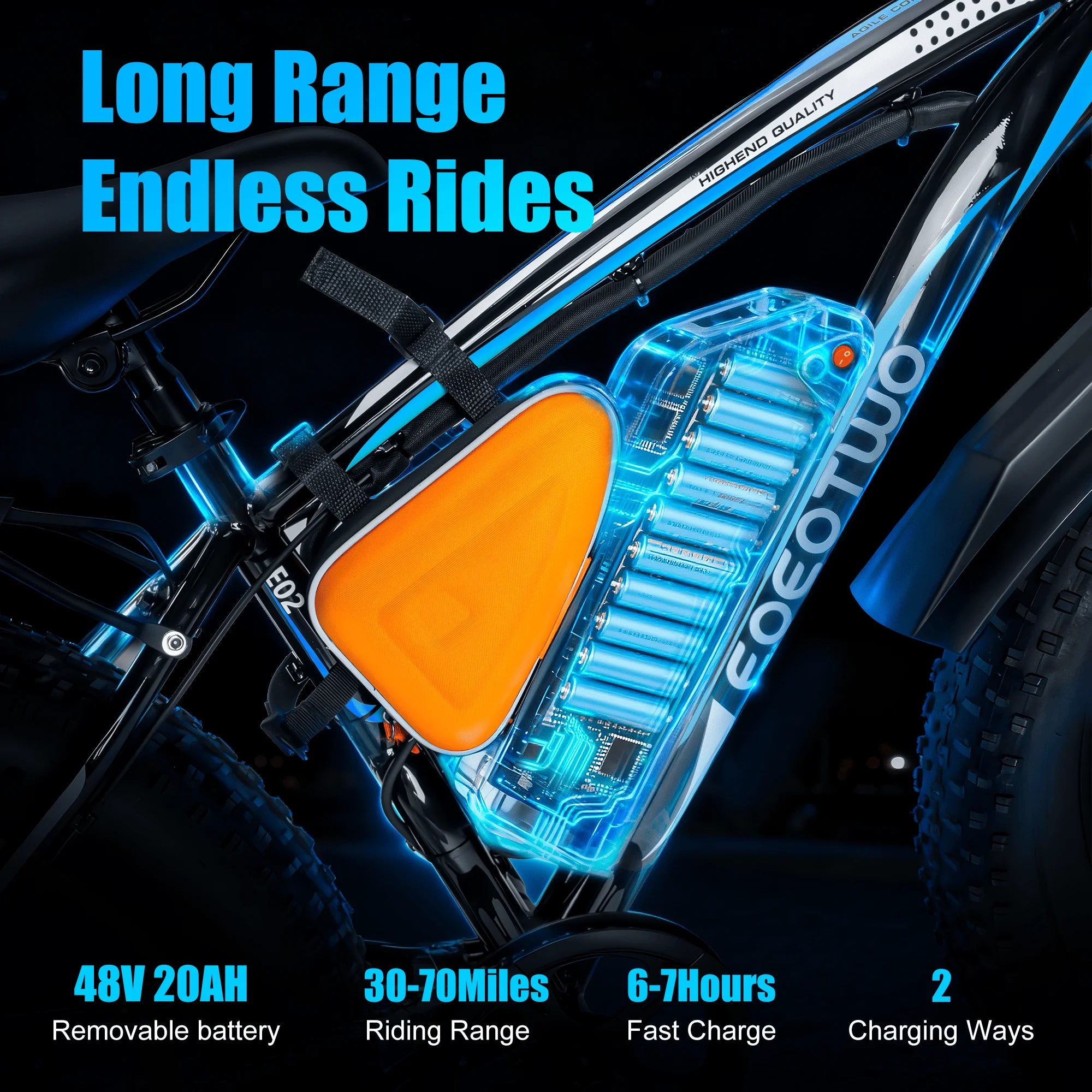 Bicycle battery pack with specifications on a dark background
