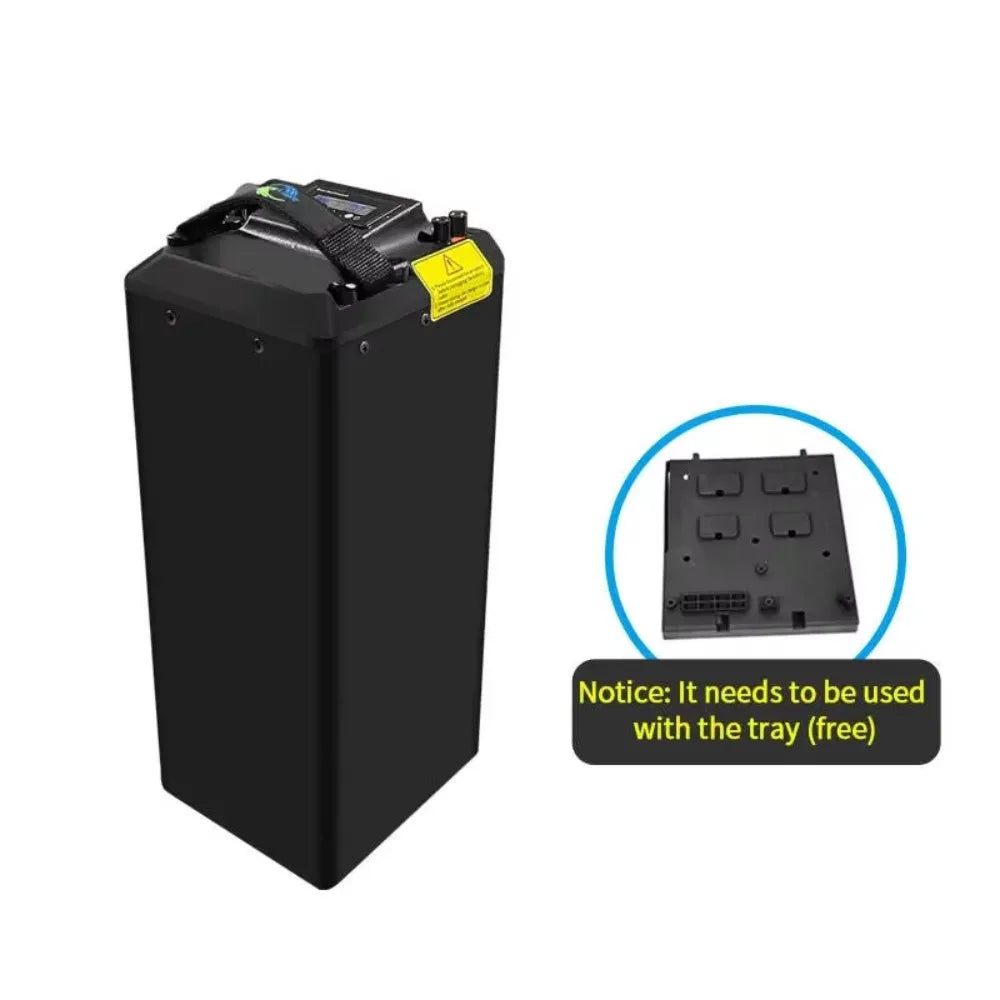 A black rectangular electric battery shown on a white background, with an inset callout of a black tray and a notice stating it needs to be used with the tray (free).