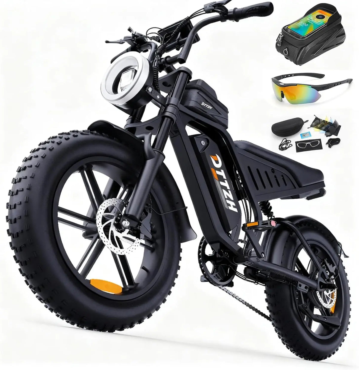 Black electric bike with accessories on a white background