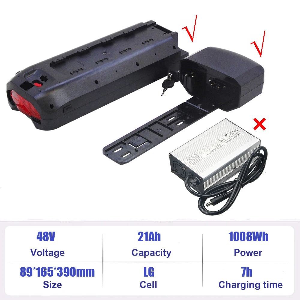 A battery charger kit shown on a white background, including a black battery terminal block with a red accent, a black mounting bracket, a silver power supply unit with a black cable, and a blue specification chart at the bottom listing 48V voltage, 21Ah capacity, 1008Wh power, 89*165*390mm size, LG cell, and 7h charging time.