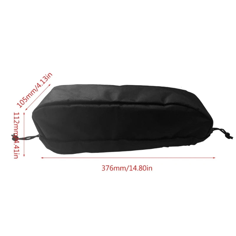 Black drawstring bag with measurements on a white background
