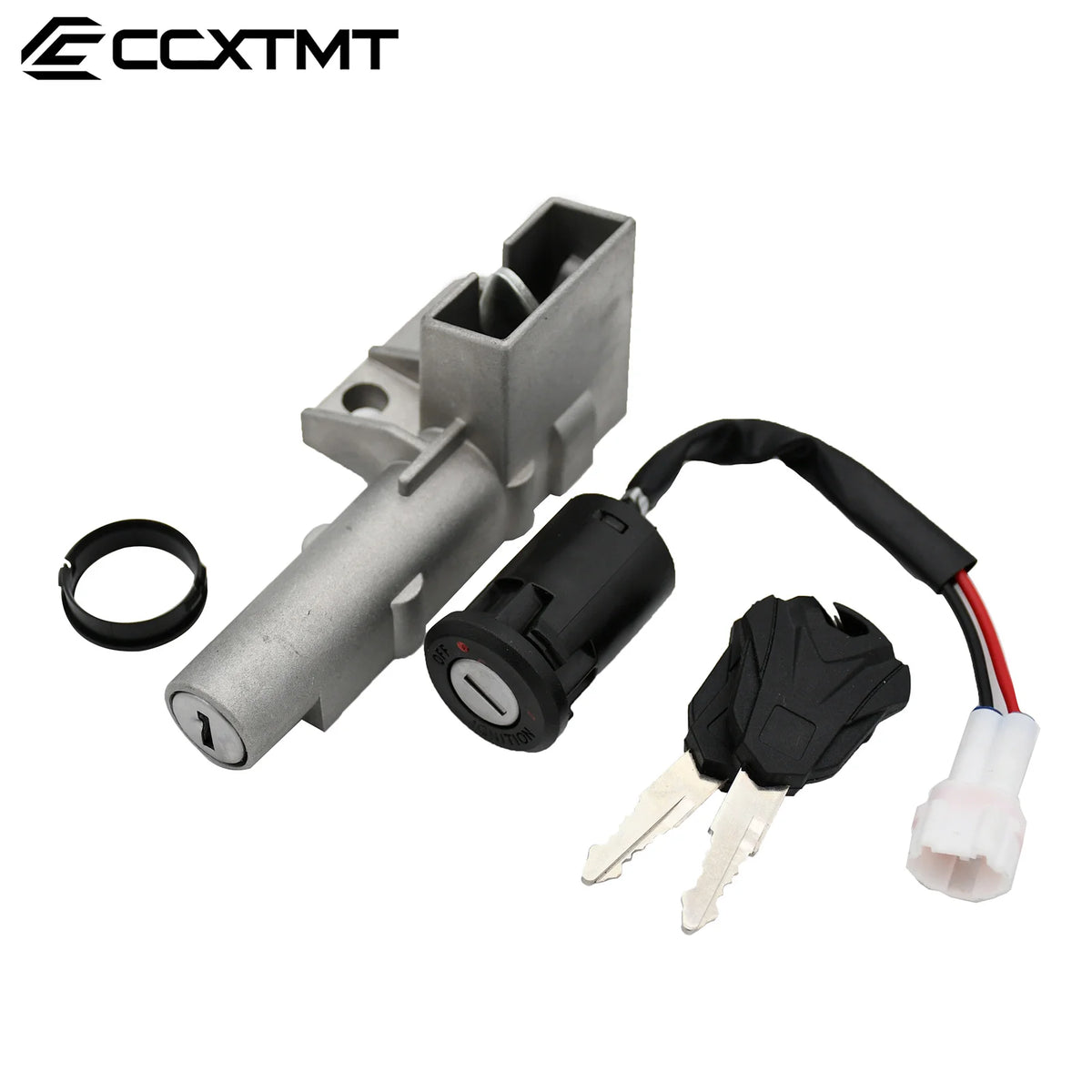Car ignition switch kit with keys and connectors on a white background, featuring the brand 'CCXTMT'.