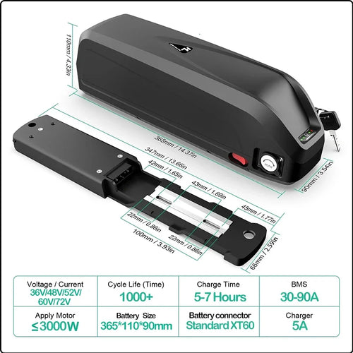 ChamRider 48V 45Ah huge capacity Hailong ebike battery showing side USB charging port interface