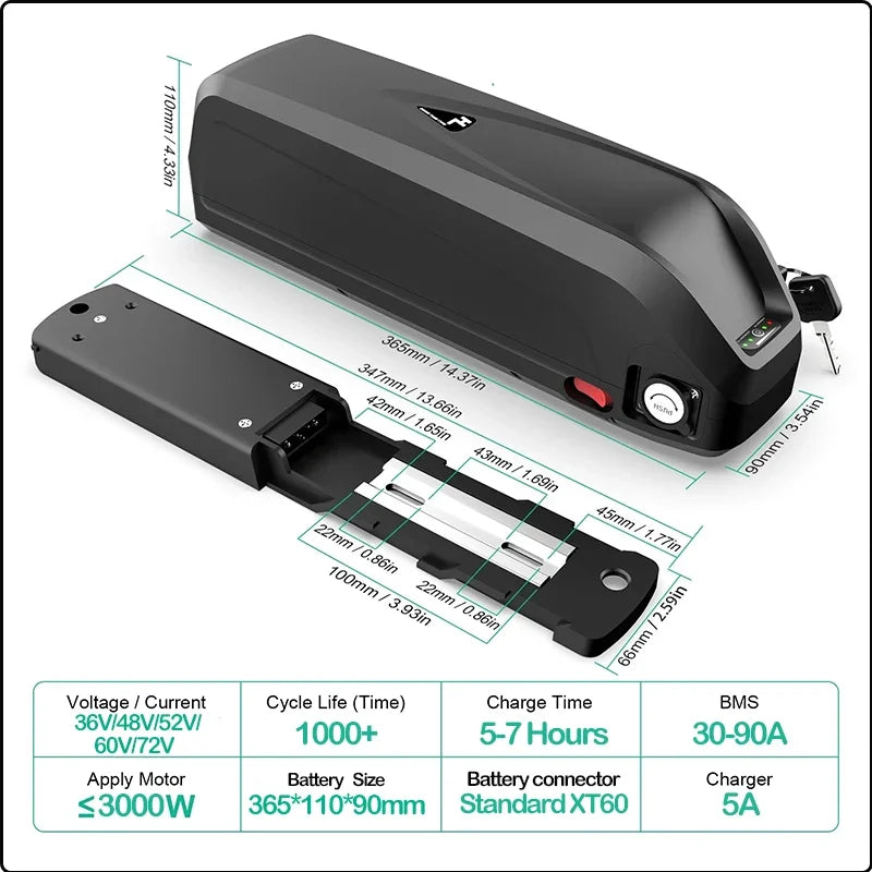 Electric bike battery with dimensions and specifications on a white background