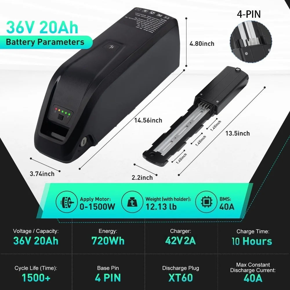 Black 36V 20Ah rechargeable battery shown with dimension annotations, a 4-pin connector inset, and a teal information panel listing battery parameters and charging specs.