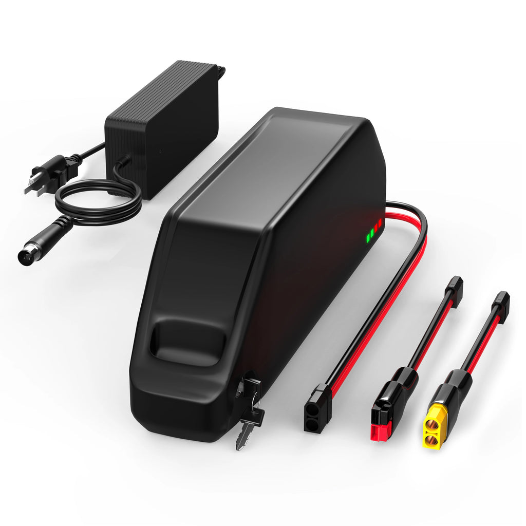 Black rectangular battery pack with attached red and black cables and connectors, shown on a clean white background alongside a power adapter and two connector leads.