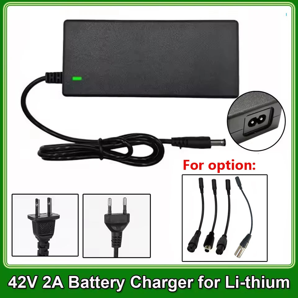 Black 42V 2A battery charger adapter with a coiled power cord, shown on a white background with inset images of different plug types and connector options, labeled 'For option:' and '42V 2A Battery Charger for Li-thium'.