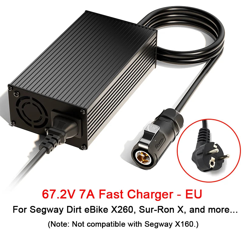 Black 67.2V 7A fast charger adapter for Segway eBikes, featuring a ribbed metal housing, a coiled cable, and a EU plug, with text and an inset showing compatibility and plug details.