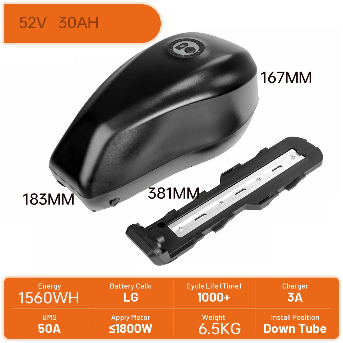 Black electric bicycle battery pack with dimension labels (167MM, 183MM, 381MM) and technical specifications text on a white background with orange banners.